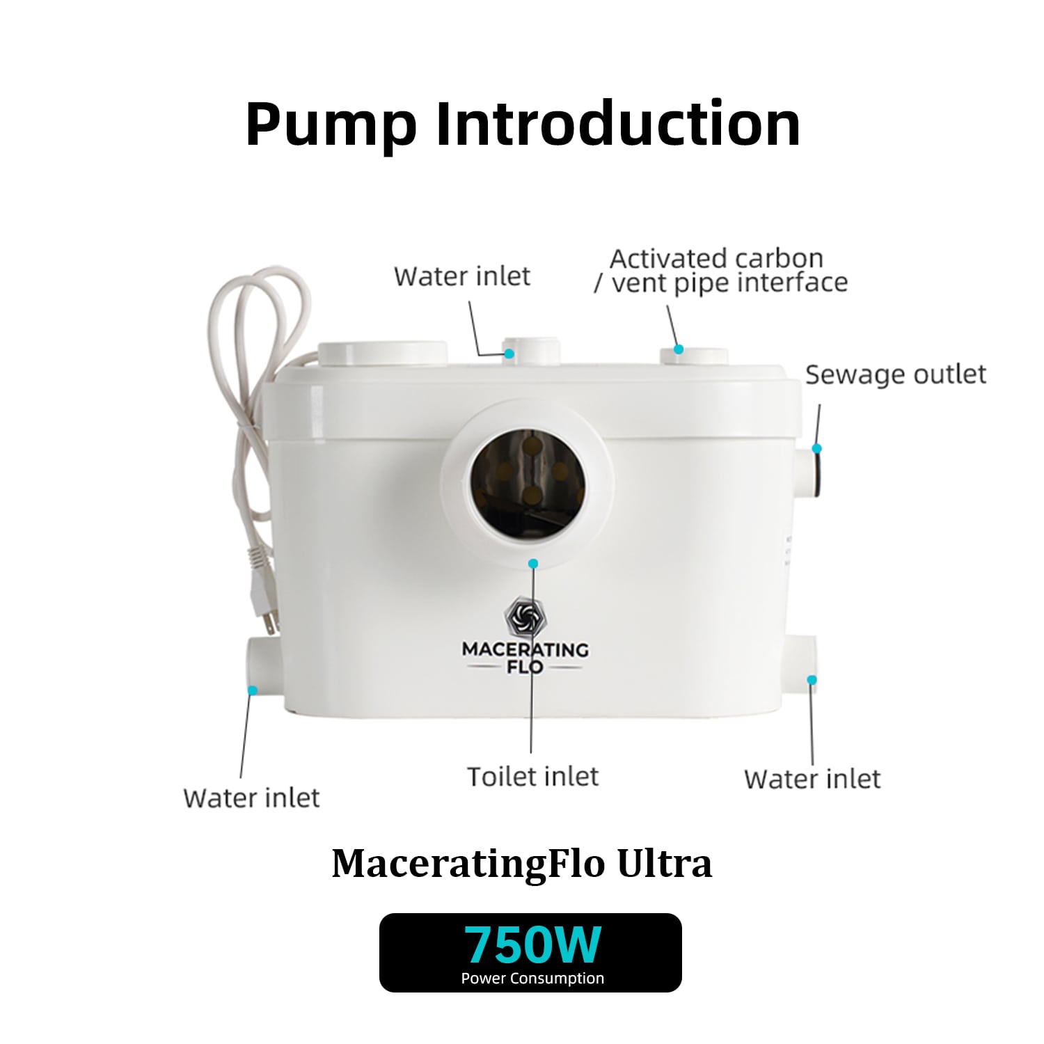 Macerating Toilet with 600W Macerator Pump Upflush Toilet for Basement with  Extension Pipe with 4 Water Inlet